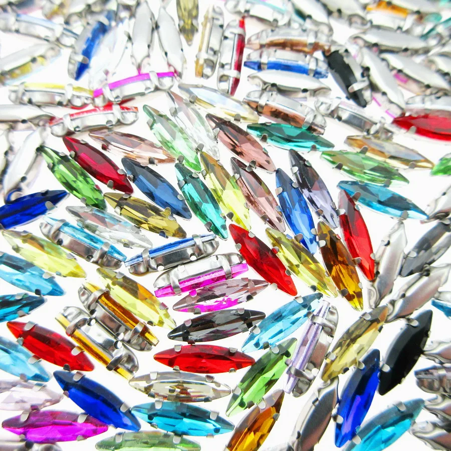 

Colorful glass Crystal strass Silver claw 4*15mm narrow Leaf Horse eye Navette shape Sew on rhinestone garment bags applique diy