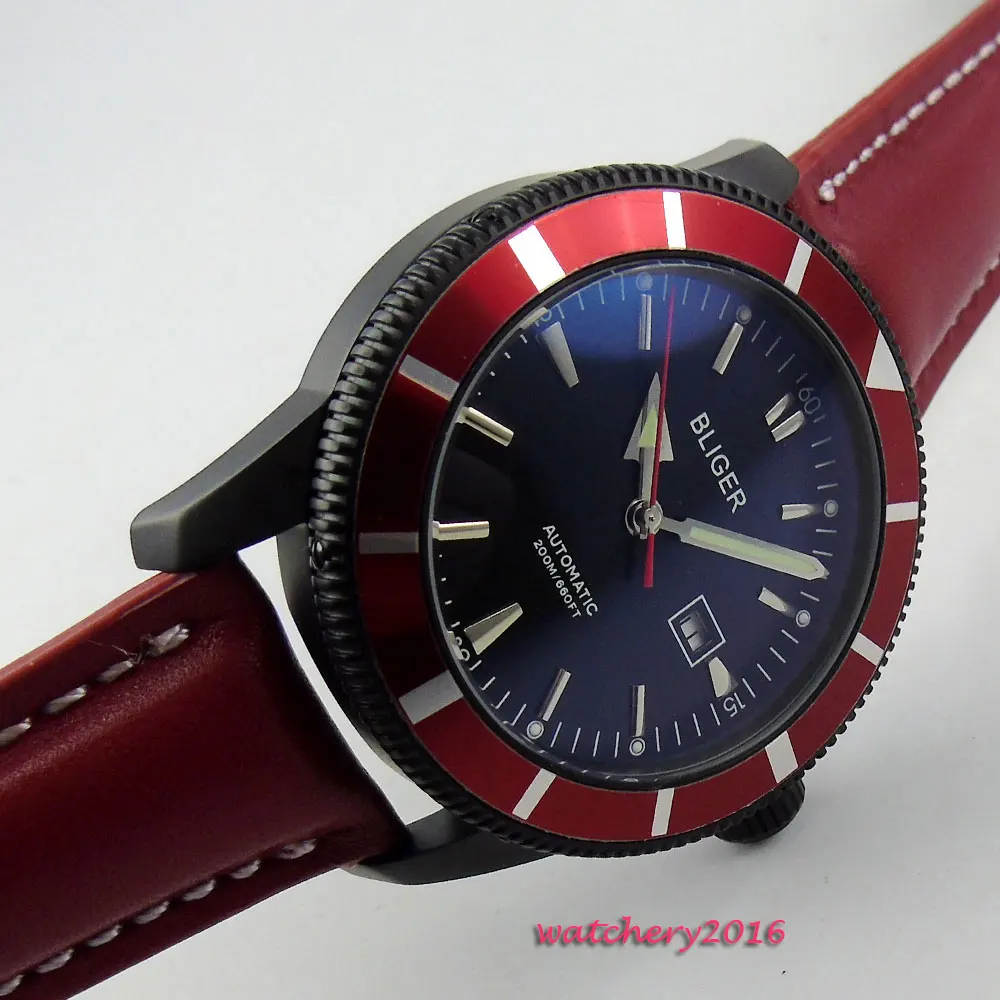 

46mm Bliger Black Dial PVD Red Bezel Date 2019 Top Brand Fashion Luminous Hands Automatic Mechanical Men's Watch
