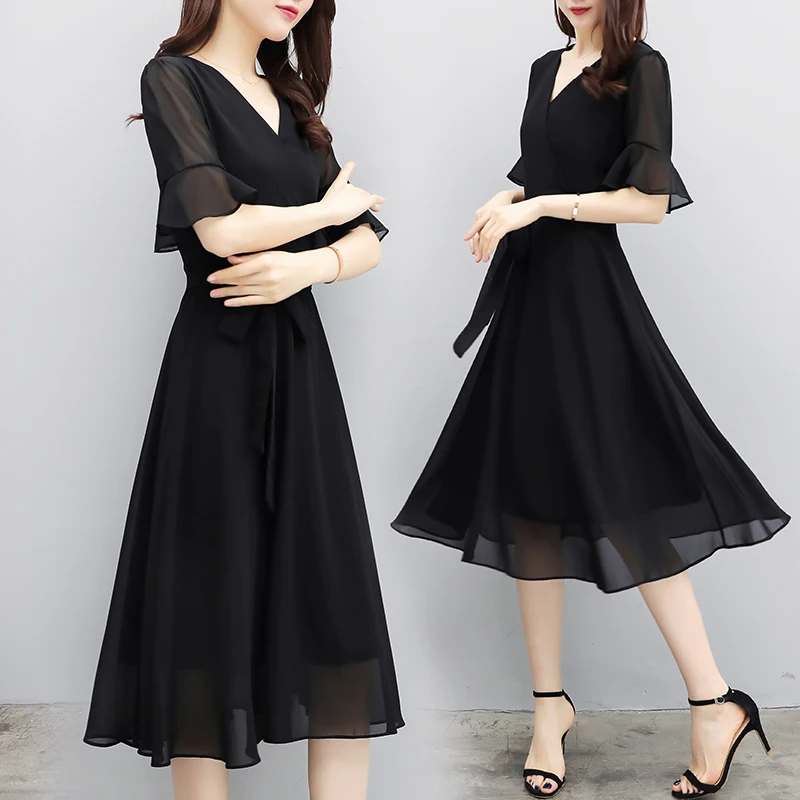 2018 Summer New Women Fashion Chiffon Belted Dress V-neck Short Sleeve Hepburn Style Black Dress Plus Size Vestidos Robe S-4XL
2018 Summer New Women Fashion Chiffon Belted Dress V-neck Short Sleeve Hepburn Style Black Dress Plus Size Vestidos Robe S-4XL