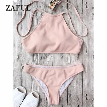 

ZAFUL 2018 Women New Rib Textured High Neck Bikini Set Low Waisted Solid High Neck Swimsuit Women Summer Beach Swimwear