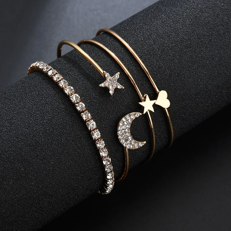 4 Pcs/set Retro Simple Gold Silver Crystal Star Moon Heart Opening Chain Bracelets Women Bangle Fashion Jewelry Accessories Gift
4 Pcs/set Retro Simple Gold Silver Crystal Star Moon Heart Opening Chain Bracelets Women Bangle Fashion Jewelry Accessories Gift