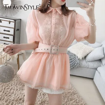 TWOTWINSTYLE Elegant Hollow Out Women Blouse Lapel Collar Half Sleeve Tunic Embroidery With Sashes Chiffon Shirt Female Fashion
TWOTWINSTYLE Elegant Hollow Out Women Blouse Lapel Collar Half Sleeve Tunic Embroidery With Sashes Chiffon Shirt Female Fashion