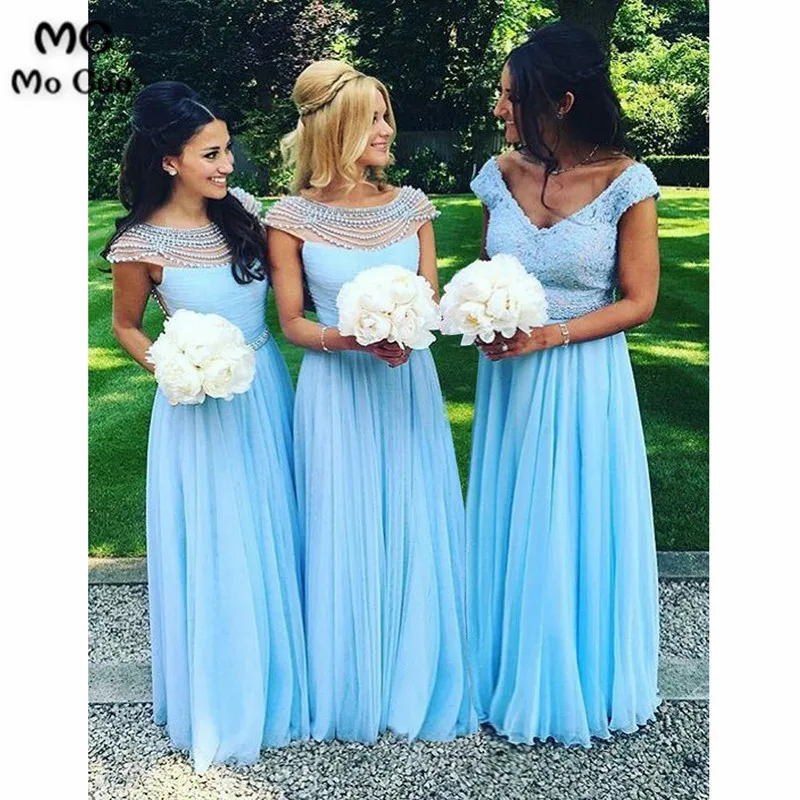 A-Line Boat Neck Floor-Length Cap Sleeves Blue Chiffon Bridesmaid Dress with Pearls
