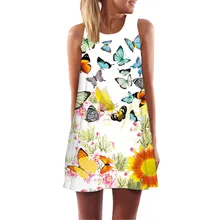 Mujeres corto verano Mini vestido sin mangas playa impresa Vintage cuello redondo bohemio suelto Casual vacaciones vestido blanco Vestidos # F(China)