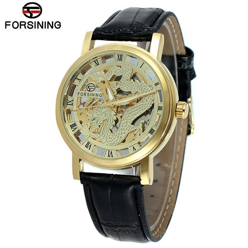 Фото FORSINING Mens Watches Dragon Design Skeleton Mechanical Hand Wind Watch Man Gold Wristwatches | Наручные часы