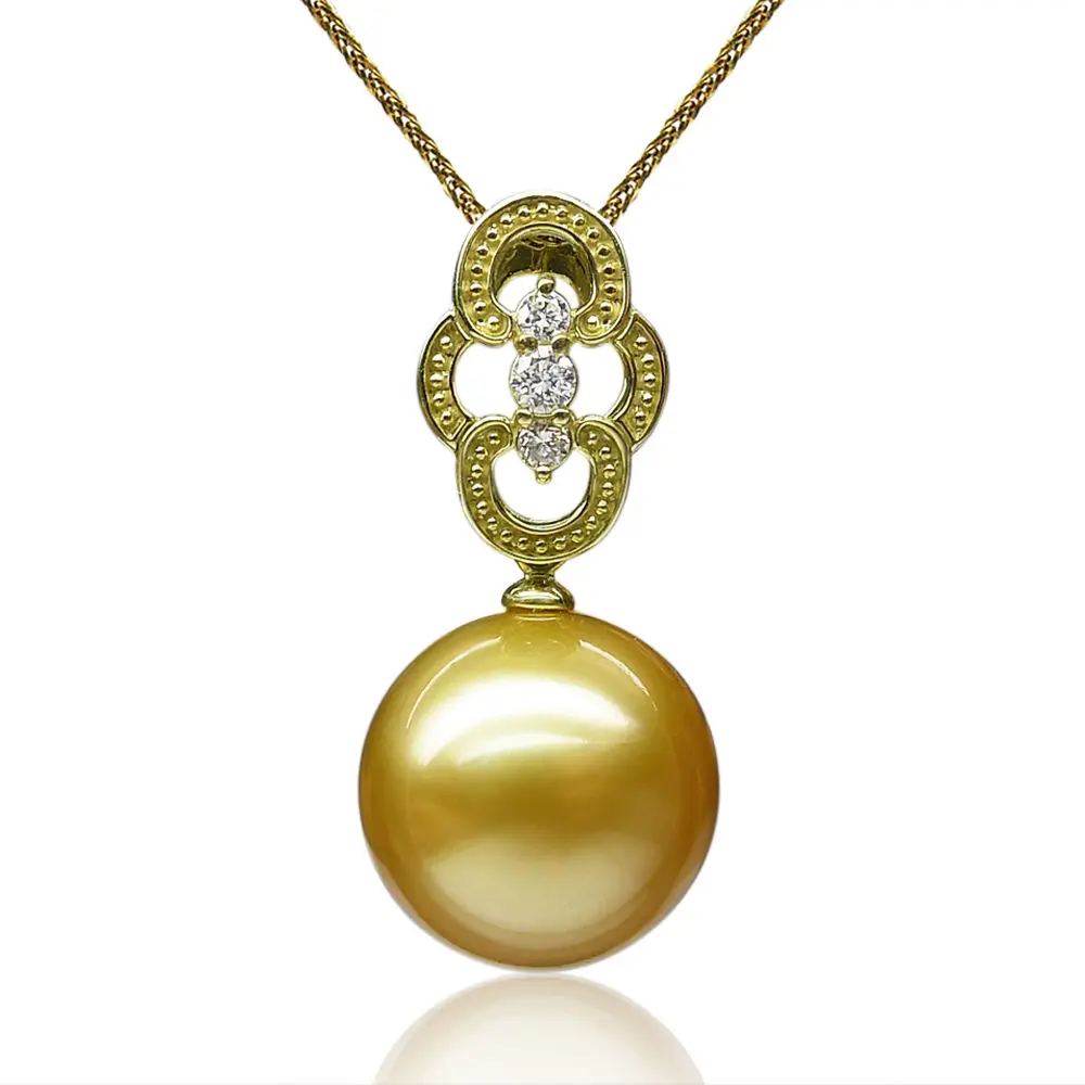 Free Shipping AAA 13.3mm Round Real South Sea Golden Pearl Diamond Pendant 18k Yellow Gold | Украшения и аксессуары