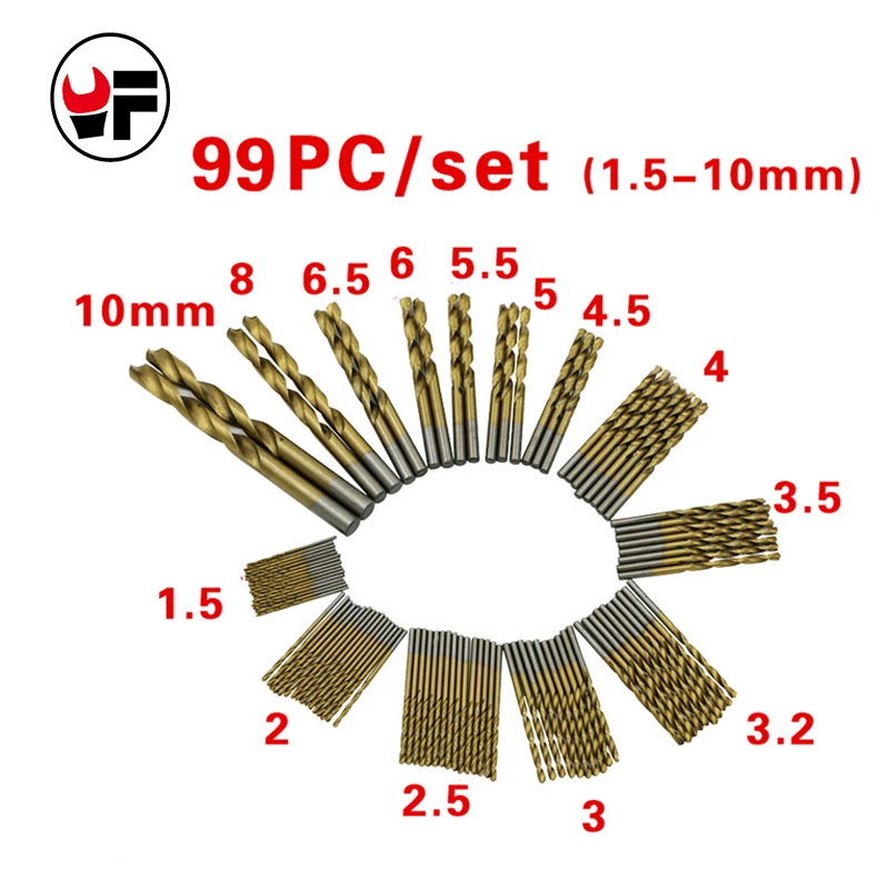 99pcs/Set 1.5mm - 10mm Stainless Steel Titanium HSS Drill Bits High Speed Drill Bit Set For Electrical Dril Power Hand Tools
99pcs/Set 1.5mm - 10mm Stainless Steel Titanium HSS Drill Bits High Speed Drill Bit Set For Electrical Dril Power Hand Tools