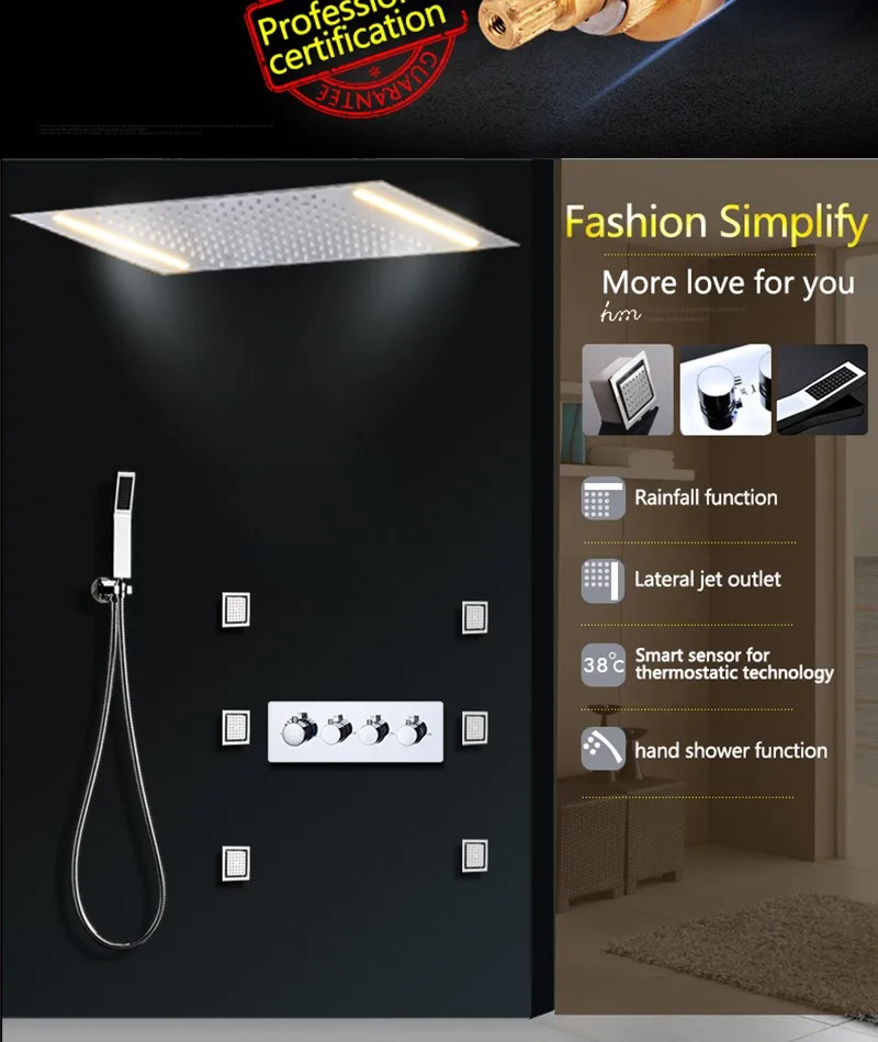 hm LED Rain Shower Set with 2 Lights with Handshower Body Jet Massage Thermostatic Mixer Bathroom Ceiling (9)