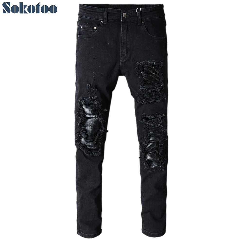 

Sokotoo Men's black patchwork slim fit stretch denim biker jeans for motorcycle Casual skinny patch ripped distressed pants