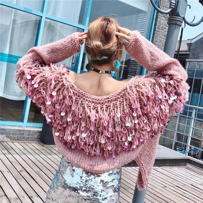 Hand Knitted Beading Cardigan Women Fringed Sweater Loose 3D Sequined Tassels Coat Hollow Wool Circles Jacket Tops |