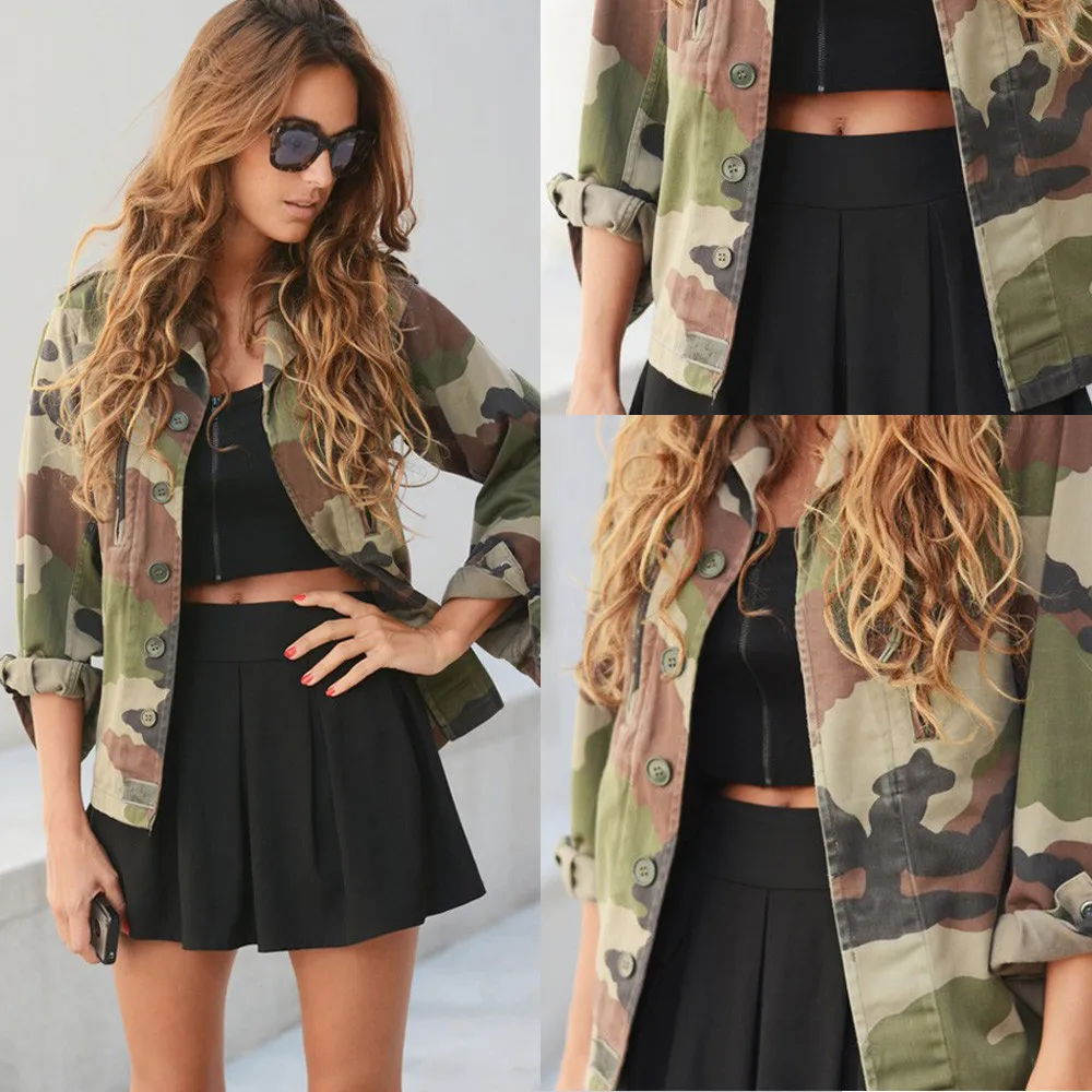 Women 2019 Spring Vintage Camouflage Army Green Zipper Button Jackets Blouses Outwear Coats Blouses female Jacket Wholesale
Women 2019 Spring Vintage Camouflage Army Green Zipper Button Jackets Blouses Outwear Coats Blouses female Jacket Wholesale