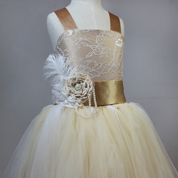 

Real Sample Rustic Champagne Gold Flower Girl Dresses For Wedding Vintage Peacock Ivory Lace Ball Gown Flower Girl Dresses