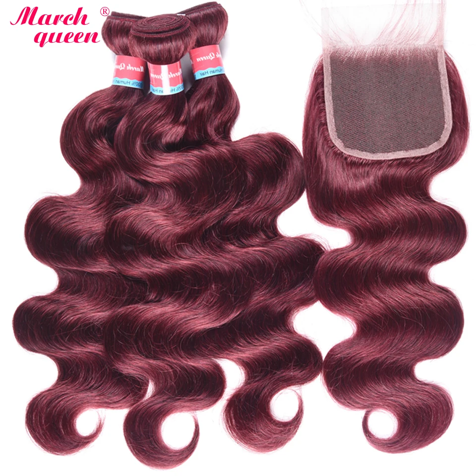 

March Queen #99J Peruvian Human Hair With Closure 3 Bundles Virgin Body Wave Hair Extensions With Lace Closure Red Wine Color