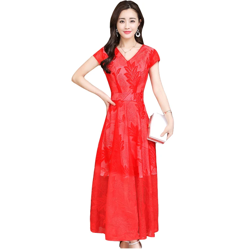 Boutique women long dresses 2020 new summer Korean waist short sleeve over the knee plus size lace embroidered dress female tide | Женская