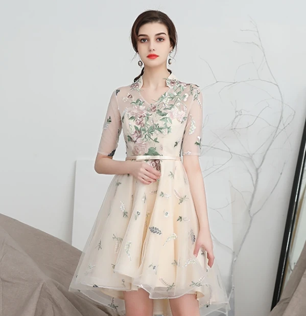 New Arrival Women Summer Champagne Color V-neck Sweet Short Sleeve Above Knee Mini Dress XHWS-039
New Arrival Women Summer Champagne Color V-neck Sweet Short Sleeve Above Knee Mini Dress XHWS-039