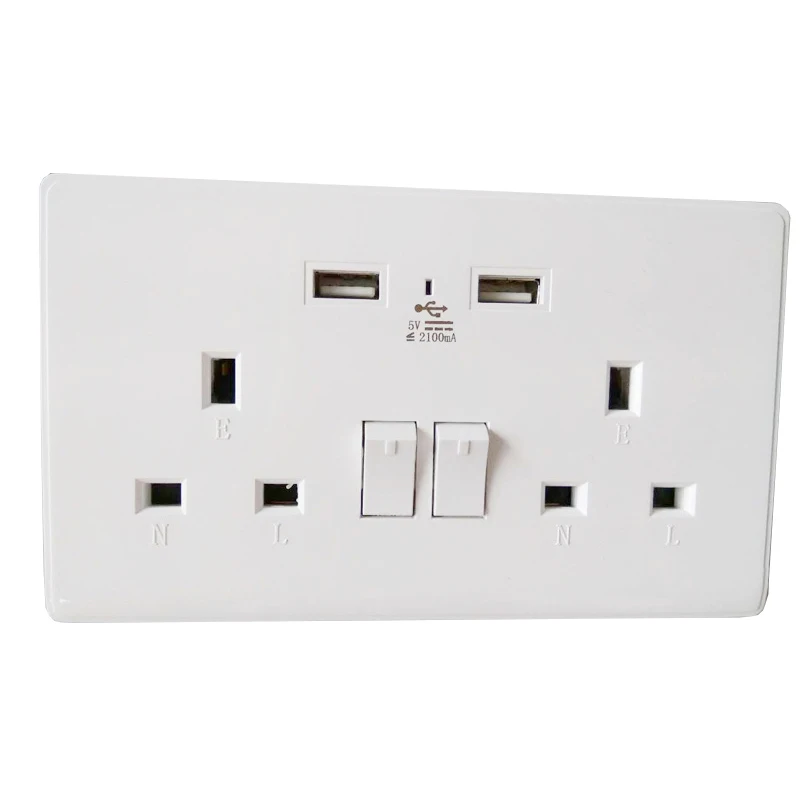 

2.1A Dual USB Ports Outlets Plate Panel UK Wall Socket 13A 250V UK Standard Double Socket with 2 Switch