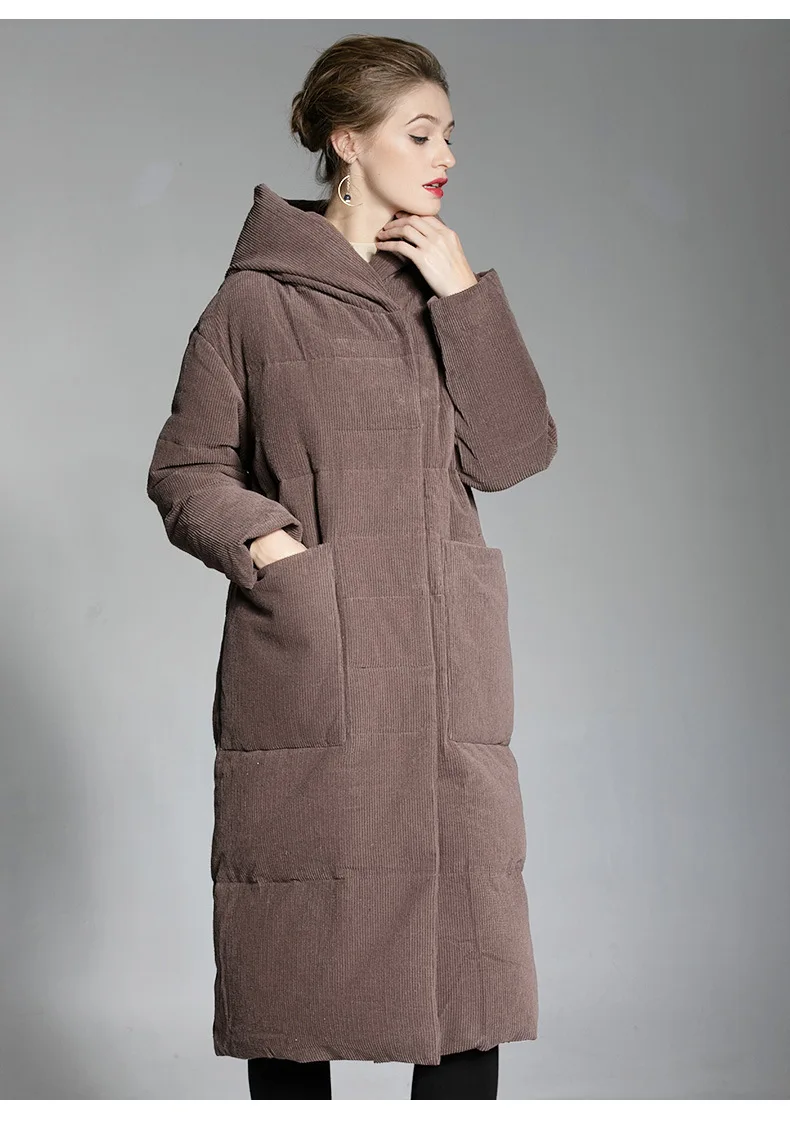 Winter New Down Jacket Corduroy Long White Duck Down Ms Jackets Thick Warm Overcoat Korean Brand Coat female Hooded Big Pocket (9)