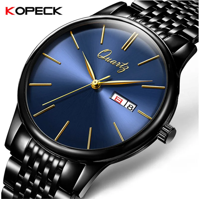 

Kopeck Simple Blue Dial Men's Watches Calendar Week Display Male Analog Clock Stainless Steel Genuine Leather Men Quartz Watch