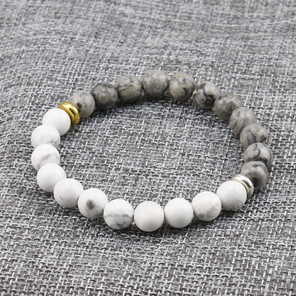 

Natural Stone White Howlite Marble With Grey Stone Bead Bracelet For Men Fashion Personality Elastic Charm Bracelet