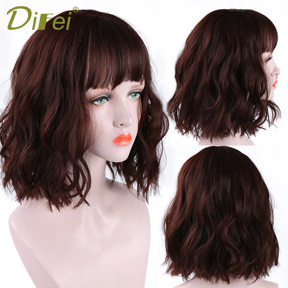 DIFEI Short Bob Wavy Wigs for Women Brown Black Natural Synthetic Wigs Female With Bangs fringe + Wig Cap
DIFEI Short Bob Wavy Wigs for Women Brown Black Natural Synthetic Wigs Female With Bangs fringe + Wig Cap