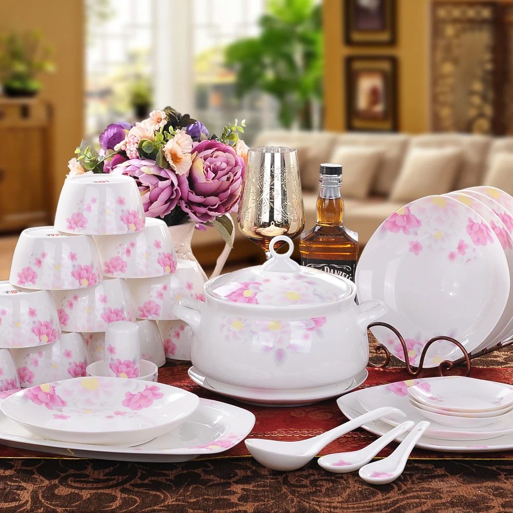

Jingdezhen 56 head bone china tableware ceramics set bowl dish spoon for microwave wedding gift
