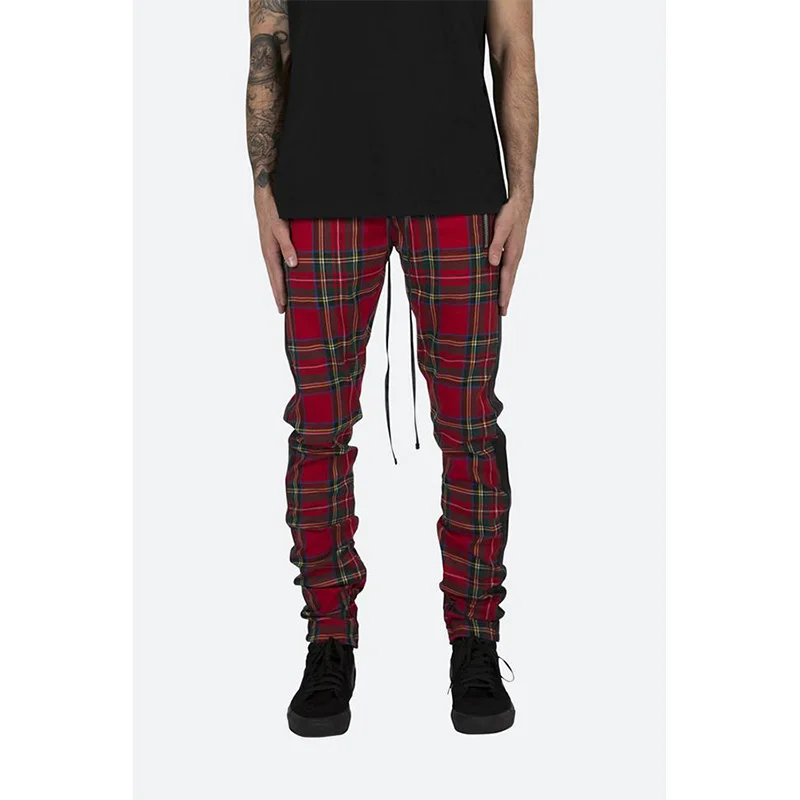 

Vintage Scottish Plaid Joggers Pants Mens Tartan Track Pants Justin Bieber Drawstring Ankle Strap Zip Patch Sweatpants Hip-hop