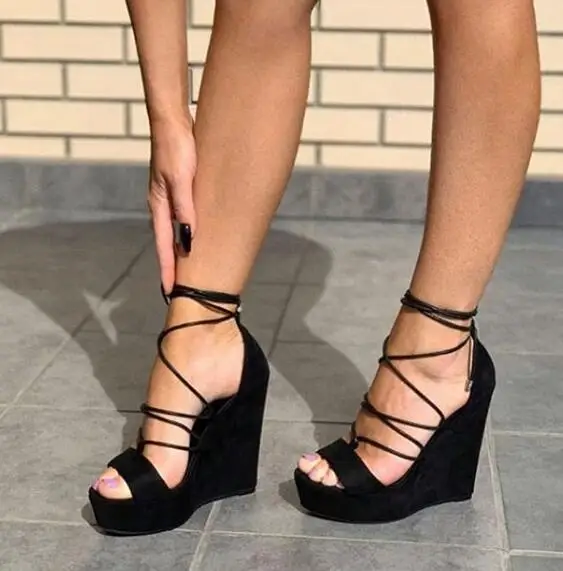 

Moraima Snc Newest Black Suede Lace-up Wedge Sandal Sexy Peep Toe Cutouts Platform Shoes Woman Gladiator Sandal Red Dress Heels