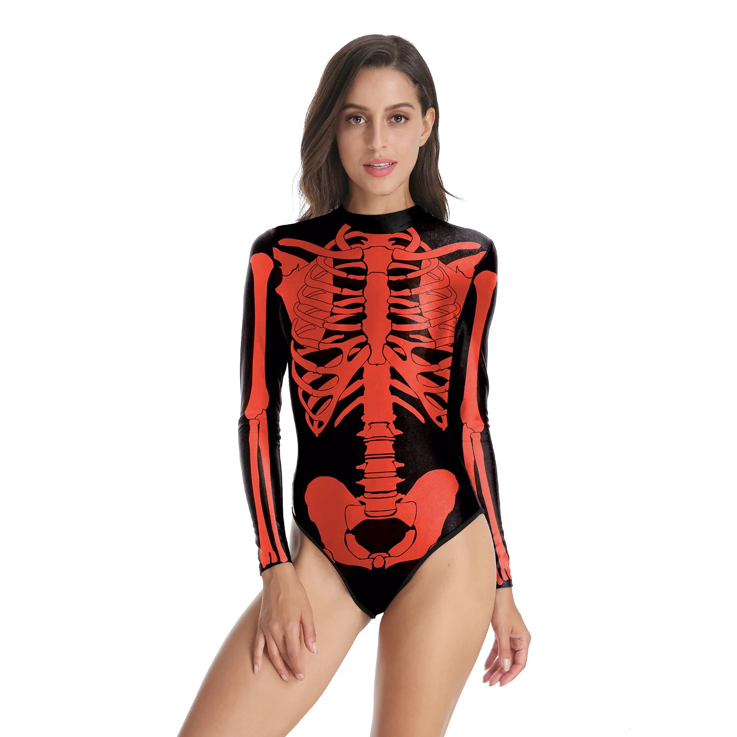 

Terror Halloween Costume Red Skeleton Print Bodysuit For Women Horror Bone Long Sleeves Top Spandex Scary Party Club Lady Girls