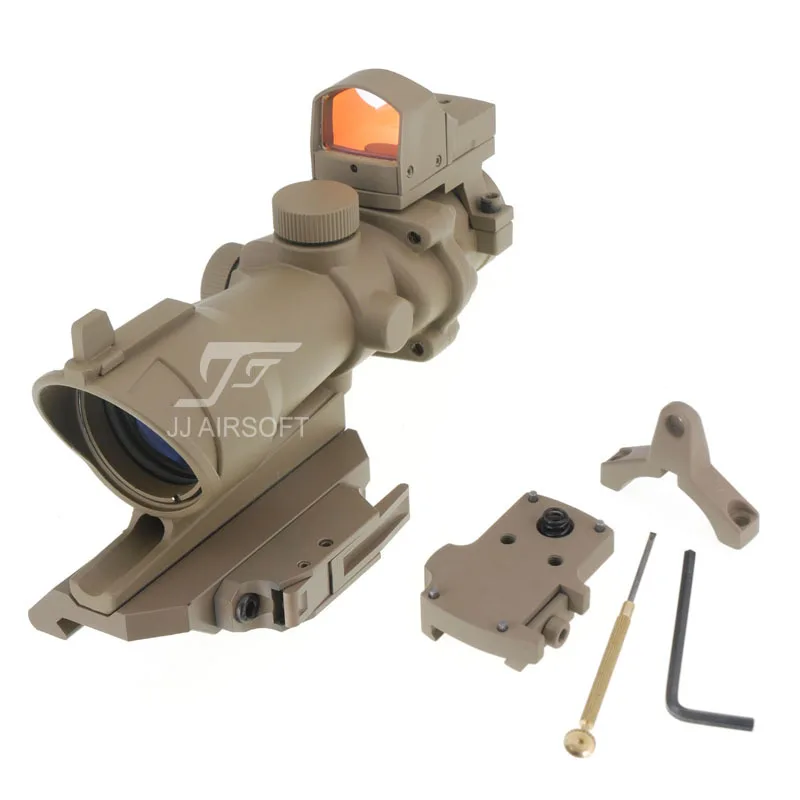 JJ Airsoft ACOG Style 4x32 Scope with Mini Red Dot , AC12033 Bobro Style Quick Release / QD Mount (Tan)
JJ Airsoft ACOG Style 4x32 Scope with Mini Red Dot , AC12033 Bobro Style Quick Release / QD Mount (Tan)