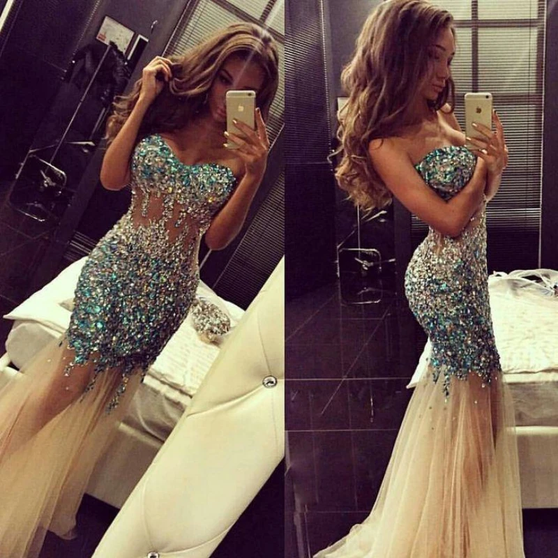 Sexy Rhinestone Beaded Tulle Mermaid Evening Dresses Sweetheart Backless Prom Gown Custom Made
Sexy Rhinestone Beaded Tulle Mermaid Evening Dresses Sweetheart Backless Prom Gown Custom Made
