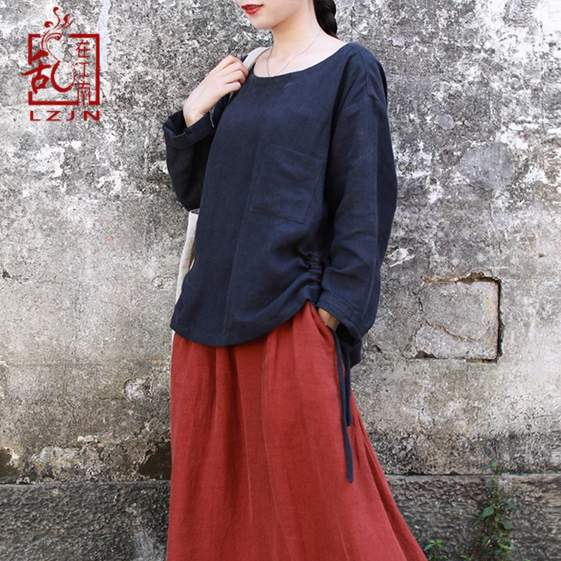 LZJN Drawstring Blouse Long Sleeve 2019 Spring Autumn Vintage Linen Shirt Women O-Neck Patch Pocket Simple Design Female Tops
LZJN Drawstring Blouse Long Sleeve 2019 Spring Autumn Vintage Linen Shirt Women O-Neck Patch Pocket Simple Design Female Tops