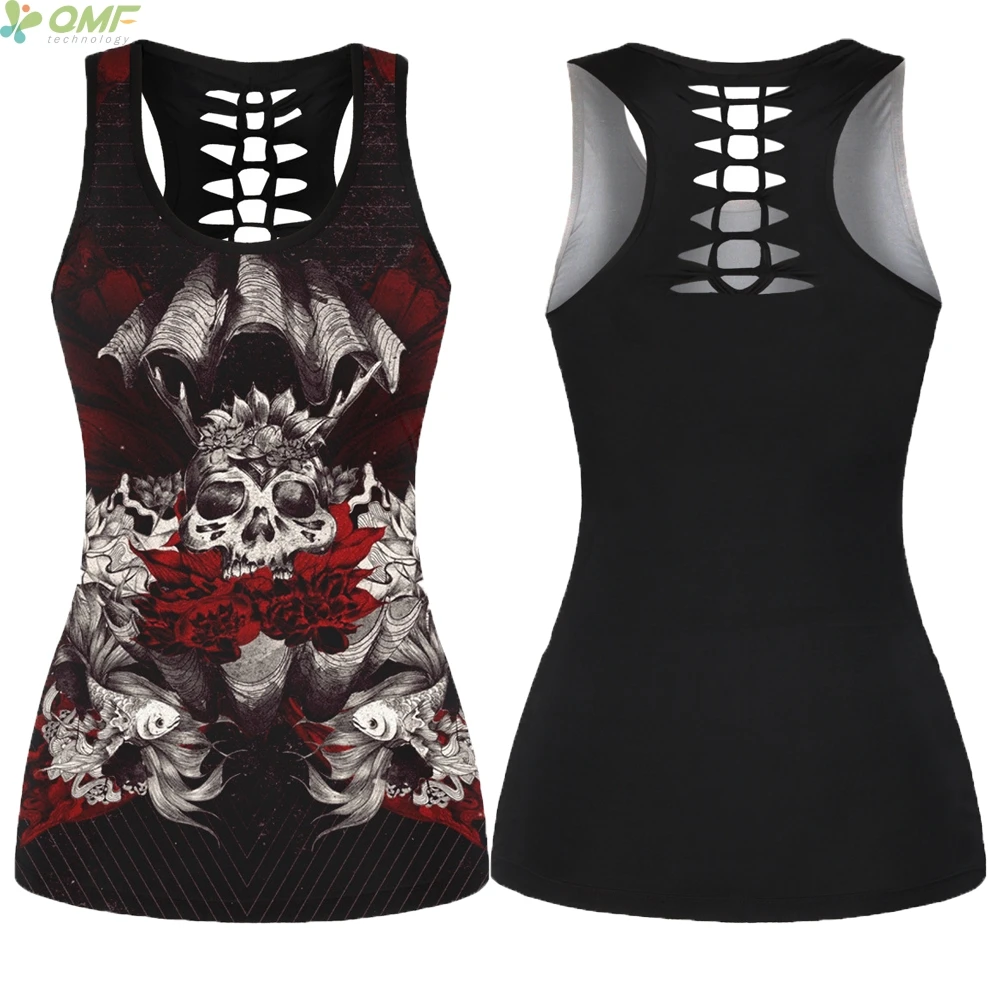 Red Flowers Skeleton Running Vest Ladies Fitness Tank Top Back Hollow Out Yoga Sleeveless Shirt Harajuku Skull Sports Singlet | Спорт и