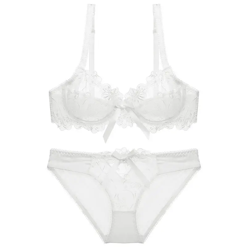 embroidery bras underwear women set plus size lingerie sexy C D cup Ultrathin transparent bra panties lace bra set black (7)