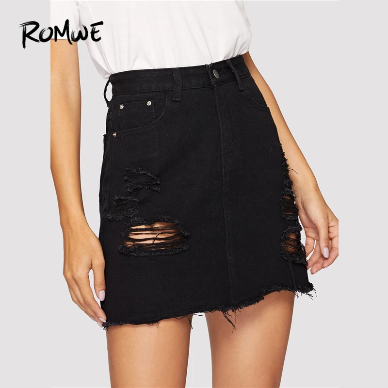 

ROMWE Black Leisure Wash Distressed Denim Skirt Women Summer Pocket Retro Frayed Edge High Waist Ripped Casual Mini Skirts