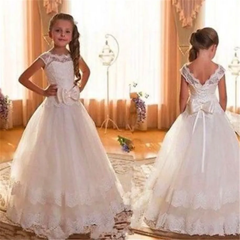 Кружевные платья с цветами для девочек белого цвета и слоновой кости детское