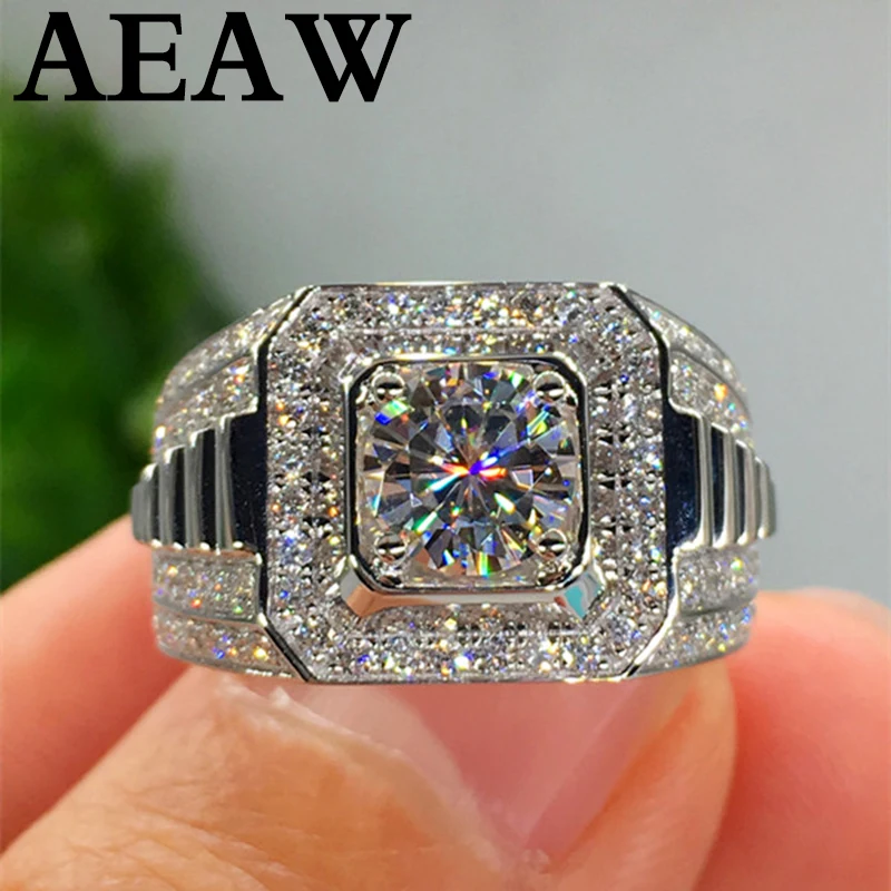 Мужское кольцо с бриллиантом Moissanite однотонное из белого золота 18 К 750Au 1ct VVS и
