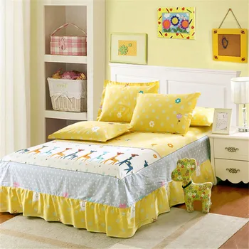 

Cartoon 3pc yellow plaid printing bedspread 100%cotton Giraffe flower bed skirt pillowcase bedding bed sets twin queen king size