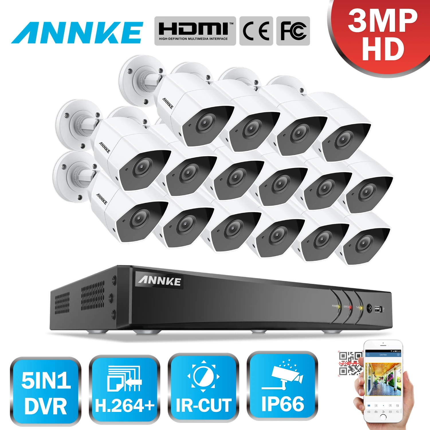 

ANNKE FHD 16CH 3MP Video Surveillance System 5in1 H.265+ DVR With 16PCS 3MP Bullet Outdoor Weatherproof Camera Smart IR CCTV Kit