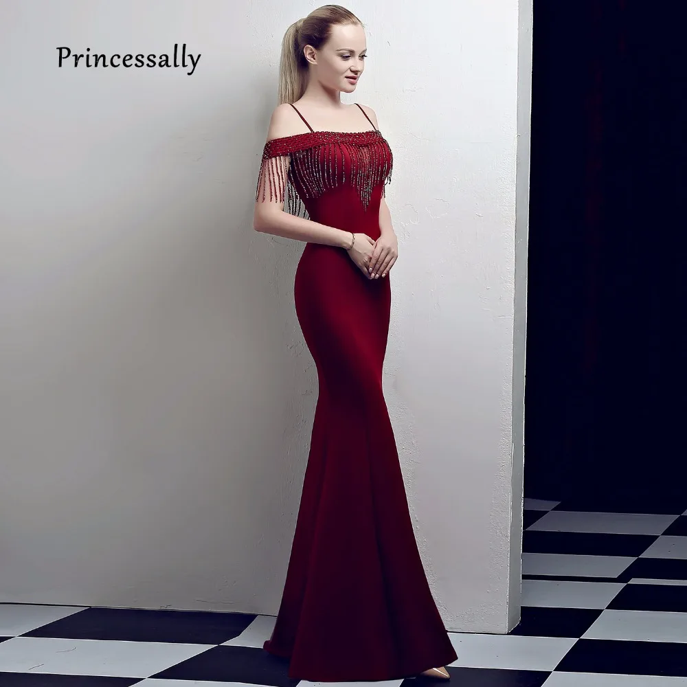 

New Elegant Mermaid Evening Dress Satin Sexy Spaghetti Straps Formal Prom Gown With Beading Womens Occasion Dress Vestido Longo