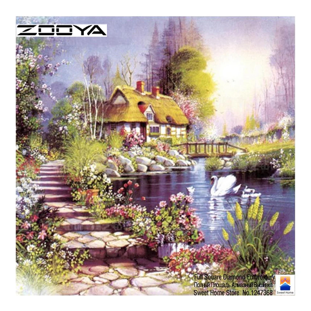 ZOOYA Алмазная картина полная квадратная Лебединое озеро вилла мозаика вышивка DIY