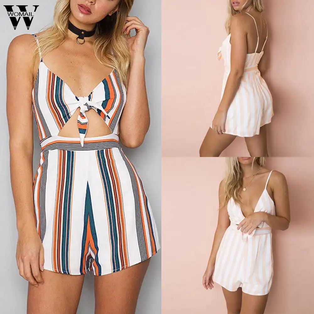 striped vacation sleeveless casual jumpsuit