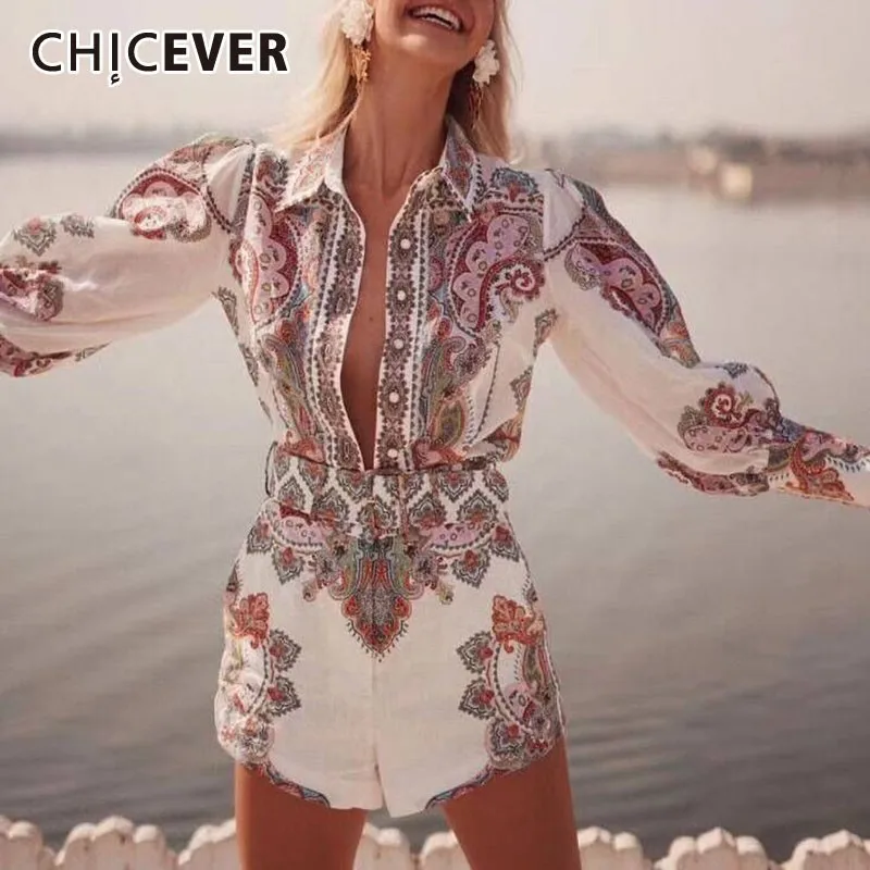 

CHICEVER Summer Vintage Print Women Two Piece Suit Lapel Lantern Sleeve Shirt With High Waist Button Sashes Short Suits 2019 New