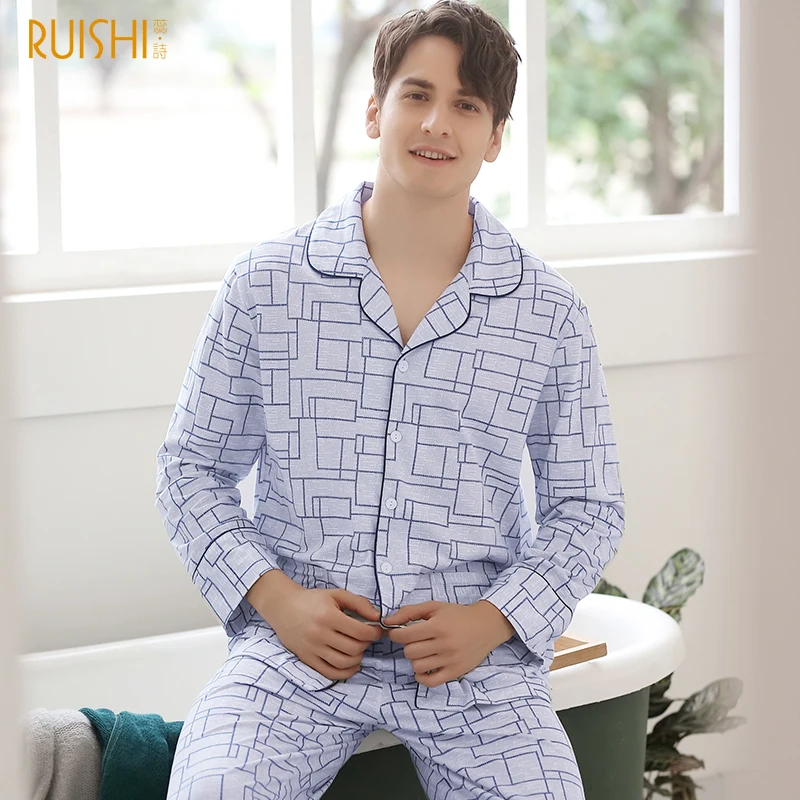 Фото Мужская пижама J & Q с длинным рукавом хлопковый топ для сна отворотом одежда