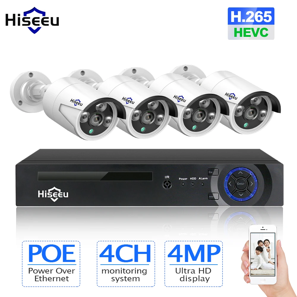 H.265 CCTV System POE NVR kit 4ch 4MP waterproof POE IP camera bullet Home Security camera system outdoor low lux onvif Hiseeu