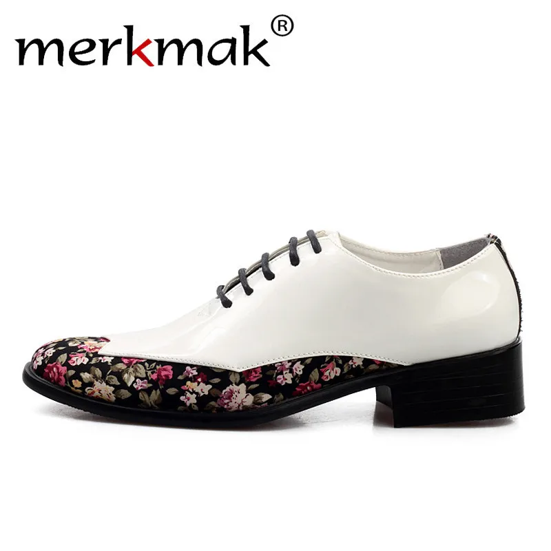 

Merkmak Luxury Flower Printing Men Shoes Derby Formal Wedding Business Oxfords Shoe Microfiber Leather Men's Flats Pointed Toe