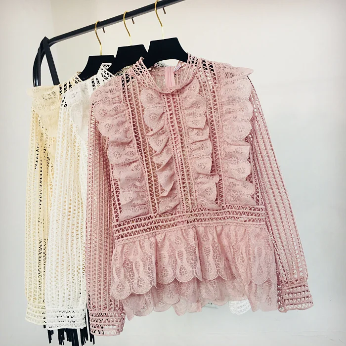 Sweet Hollow Lace Ruffled Shirts Stand Collar Spliced Lace Pleated Blouses 3D Lotus Decor Multi-Layers Long Sleeved OL Tops
Sweet Hollow Lace Ruffled Shirts Stand Collar Spliced Lace Pleated Blouses 3D Lotus Decor Multi-Layers Long Sleeved OL Tops