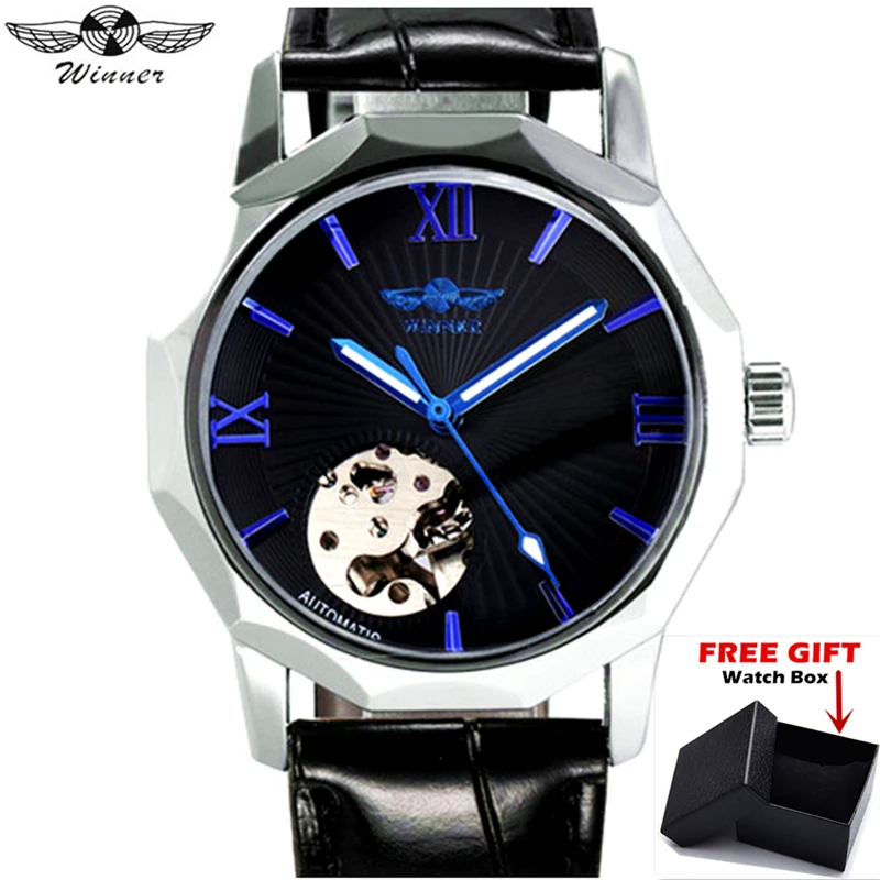 Winner Brand Blue Skeleton Dial Men Self-wind Mechanical Watch Geometry Leather Strap Automatic Wristwatch
Winner Brand Blue Skeleton Dial Men Self-wind Mechanical Watch Geometry Leather Strap Automatic Wristwatch