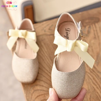 

POSH DREAM New Children Butterfly-knot Princess Kids Girls Shoes Gold Pink Sequins Flat Shoes for Girls Fashion Single Shoes