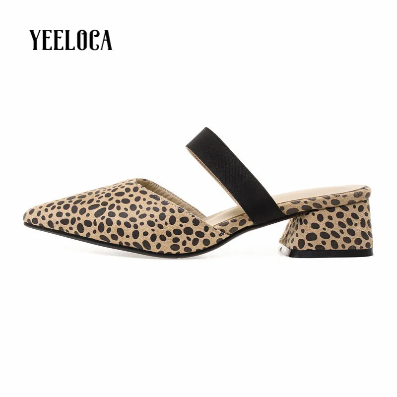 

YEELOCA 2019 women summer slippers med heels hoof heels pointed toe outside flock narrow band leopard woman shoes