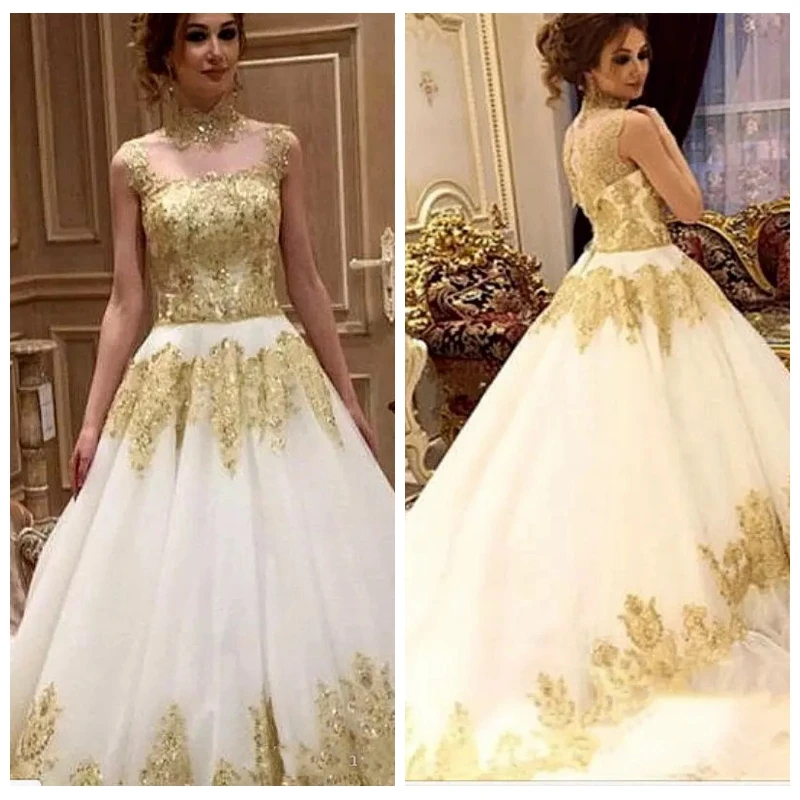 Modest Sheer High Neck Lace Appliques A-Line Wedding Dresses Beaded Bridal Gowns With Gold Lace Appliques Formal Long Vestidos
Modest Sheer High Neck Lace Appliques A-Line Wedding Dresses Beaded Bridal Gowns With Gold Lace Appliques Formal Long Vestidos